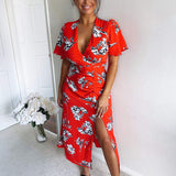 Vestido midi com mangas em forma de sino e estampado floral vermelho