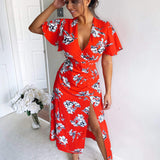 Vestido midi com mangas em forma de sino e estampado floral vermelho