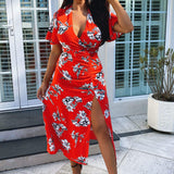 Vestido midi com mangas em forma de sino e estampado floral vermelho